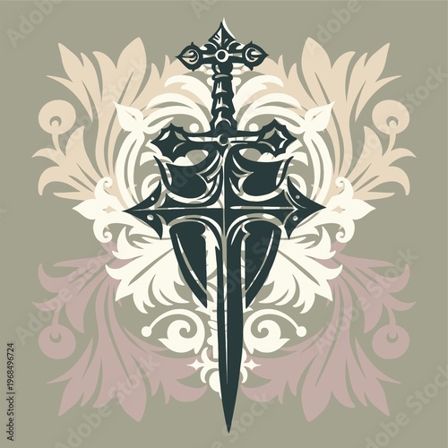 Flat, monochrome background composition in a gothic, knightly style. Ideal for vintage-themed designs. Digital illustration.
