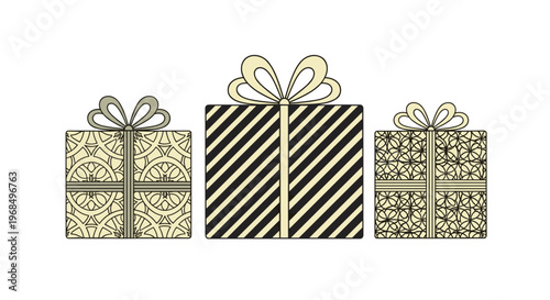 Three decorative gift boxes with unique patterns and bows stand side-by-side to represent abundance and the joy of giving.