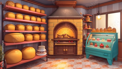 Cozy Bakery Interior with Colorful Cakes and Cheese Display