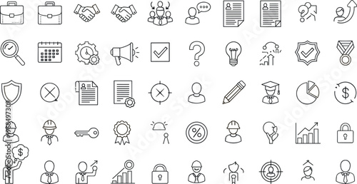 Business and corporate line icon collection featuring analytics communication security finance management and workflow symbols for professional use