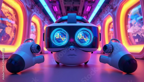 Futuristic Virtual Reality Setup with 3D Glasses and Controllers