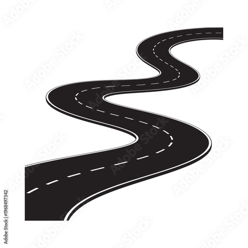 A winding black road with dashed white lane markings on a white background