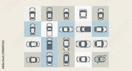 Overhead View of Various Car Models in Grid Pattern.