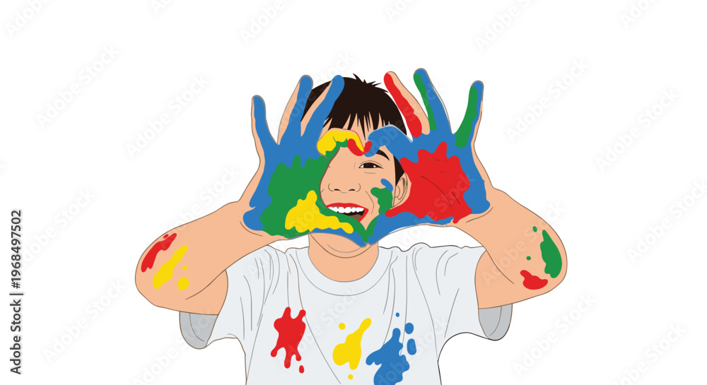 Naklejka premium Little boy smiling with his hands covered in bright paint and forming a heart shape to express creativity and love for art.