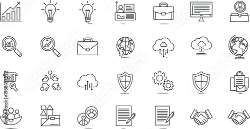Business and corporate line icon set featuring analytics communication cloud security documents handshake and global workflow symbols