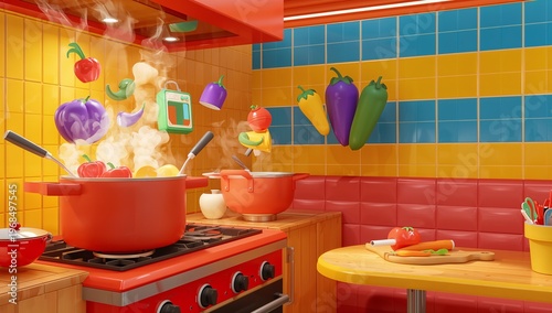 Colorful Kitchen with Cooking Pots and Floating Vegetables