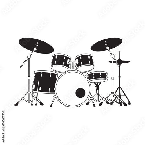 Black and white illustration of a complete drum kit on a white background