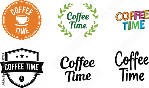 A collection of colorful and varied coffee time themed logos and text designs showcasing different styles and aesthetics high quality professional detailed modern