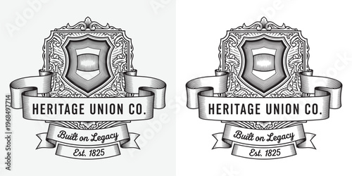 Ornate Heritage Union Co Coat of Arms Emblem with Shield and Ribbons Engraving