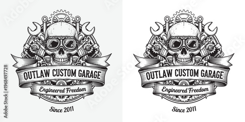 Outlaw Custom Garage Logo Featuring Biker Skull with Goggles and Mechanic Tools