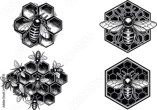 A detailed engraving showcases several honeybees resting on and around hexagonal honeycomb cells creating a vintage aesthetic high quality professional modern elegant stylish