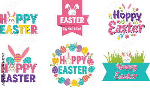 A colorful collection of easter themed graphic elements including banners rabbits eggs and floral decorations high quality professional detailed modern elegant stylish clean
