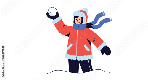 Happy child dressed in warm red and blue winter clothing prepares to throw a snowball while standing in the snow on a cold day.