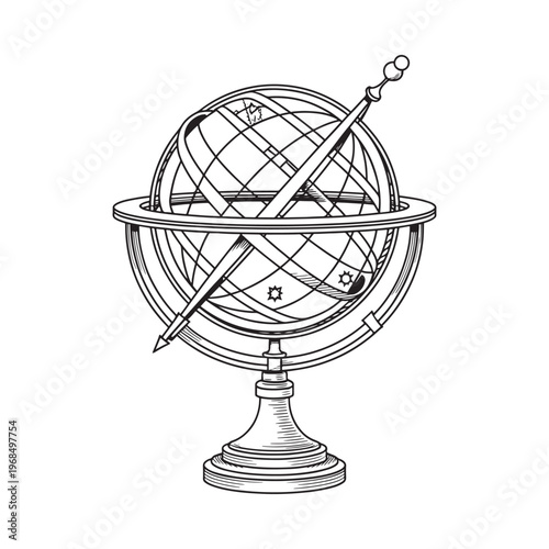 Antique astronomical globe with a pointer detailed line art illustration