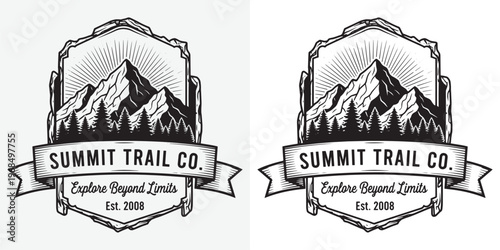 Konstfotografi Summit Trail Co Outdoor Logo with Mountain Peaks and Pine Forest Engraving