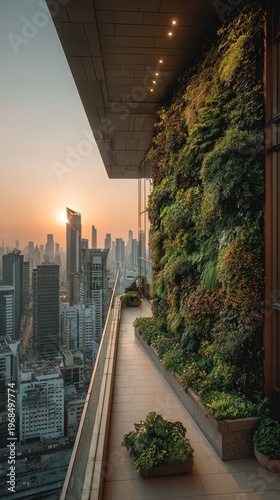 Stunning Urban Vertical Garden at Sunset Overlooking City Skyline