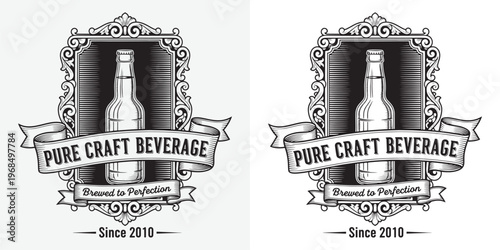 Pure Craft Beverage Logo with Glass Bottle in Ornate Decorative Frame