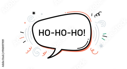 Speech bubble containing the festive ho-ho-ho text surrounded by playful scribbles and colors for Christmas spirit.