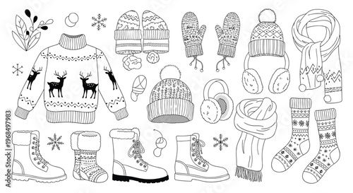 Collection of winter clothing and accessory line drawings includes sweaters boots hats and scarves for seasonal fashion and decor themes.