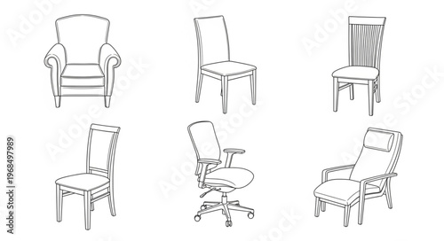 Diverse Chair Collection - An Array of Seating Options in Sketch Style.