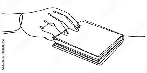 A single continuous line drawing of a human hand resting gently on top of a closed hardcover book Vector, illustration