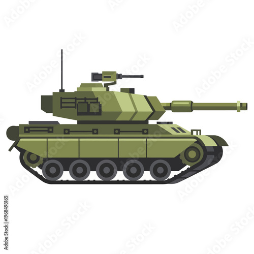 Modern military tank, green armored vehicle, flat design, isolated on white background.