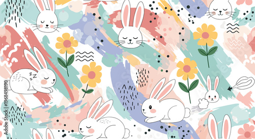 Playful seamless pattern combines cute white bunnies with bright flowers and artistic pastel brush strokes for a cheerful nursery theme.