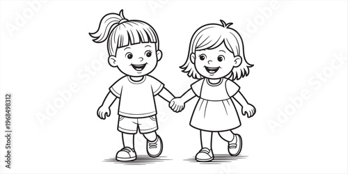 A black and white line art illustration of two happy young girls holding hands while walking Vector, illustration