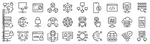 Data web icons in line style. Statistics, analysis, database, server, processing, data, collection. Vector illustration.