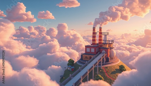 A Dreamy Factory Among Fluffy Clouds at Sunset in a Stunning Landscape
