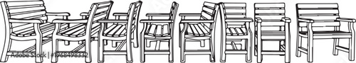 A row of antique wooden chairs neatly arranged in a linear fashion Vector