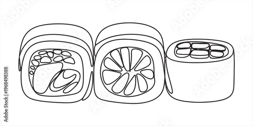 A simple black and white line art drawing featuring three distinct pieces of japanese sushi rolls Vector, illustration