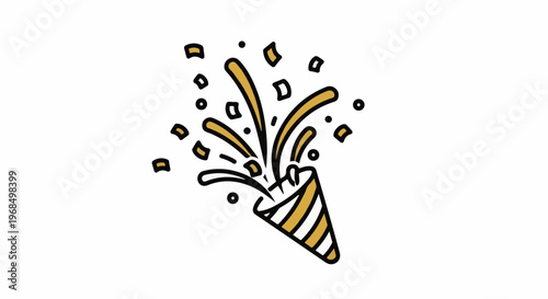 A cartoon-style image of a party popper exploding with confetti and streamers