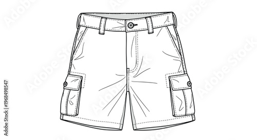 Detailed technical line drawing of a pair of cargo shorts with multiple pockets and belt loops shows garment construction for fashion.