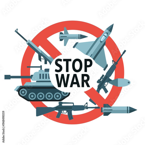 Stop War Concept: Military Weapons and Aircraft Banned with Red Prohibition Sign