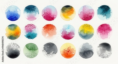 Collection of eighteen circular watercolor wash designs showcasing diverse color blends and speckle textures.