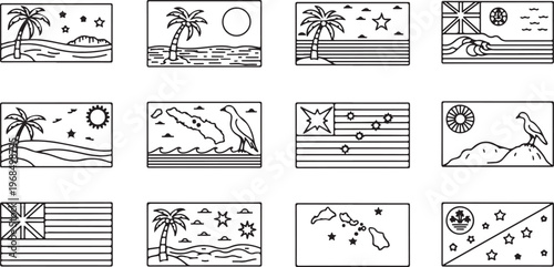 A collection of hand-drawn sea life and underwater scenes in simple black and white Vector