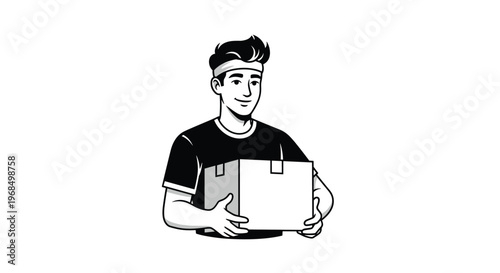 Professional delivery man in a black shirt and headband smiles while holding a cardboard box package isolated on a white background.
