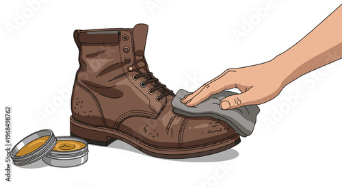 A hand uses a grey cloth to polish a brown leather work boot next to two open tins of shoe polish on a white surface.