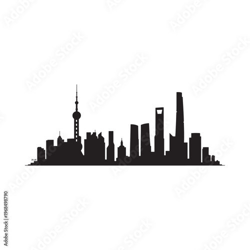 Shanghai skyline silhouette against a plain white background