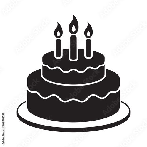 Black and white illustration of a birthday cake with three lit candles