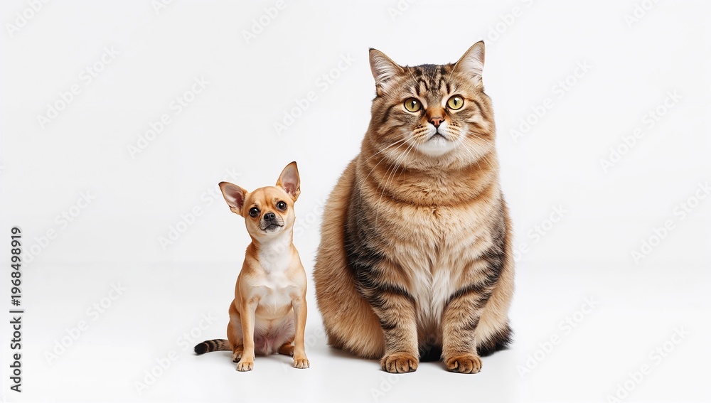 Obraz premium Adorable Cat and Small Dog Sitting Together on White Background