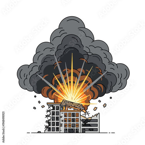 Building Explosion and Fire, Destruction, Smoke, Debris, Urban Damage