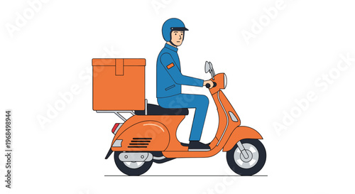 A male delivery driver in a blue uniform rides an orange scooter with a delivery box on a white background.