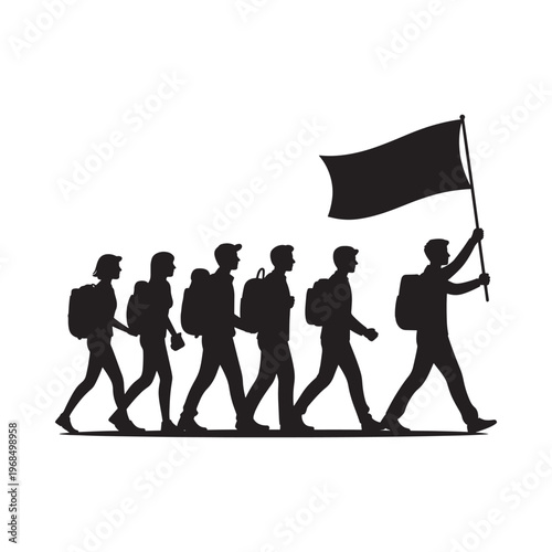 A group of silhouetted people are marching forward with a flag
