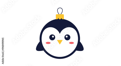 Cute penguin head Christmas ornament features a round blue body with white face and a festive gold hanging cap on top.