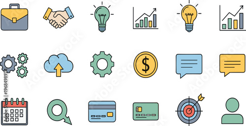 Business and finance flat icon set featuring analytics communication security payment cloud upload and corporate workflow symbols