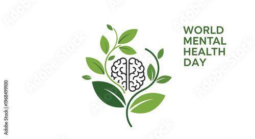 A stylized black brain outline is surrounded by green leaves and stems next to the text WORLD MENTAL HEALTH DAY.