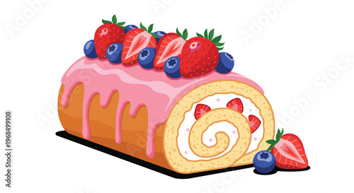 Delicious dessert illustration shows a sweet sponge roll cake topped with pink icing fresh strawberries and ripe blueberries on top.