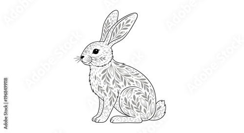 Detailed black and white line drawing of a rabbit showcases intricate floral and leaf patterns covering its entire body.